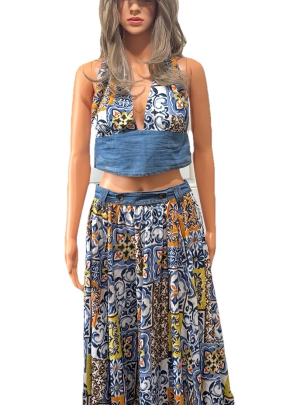 Live 4 Truth Tile-Print Maxi Skirt Set in Blue and Yellow
